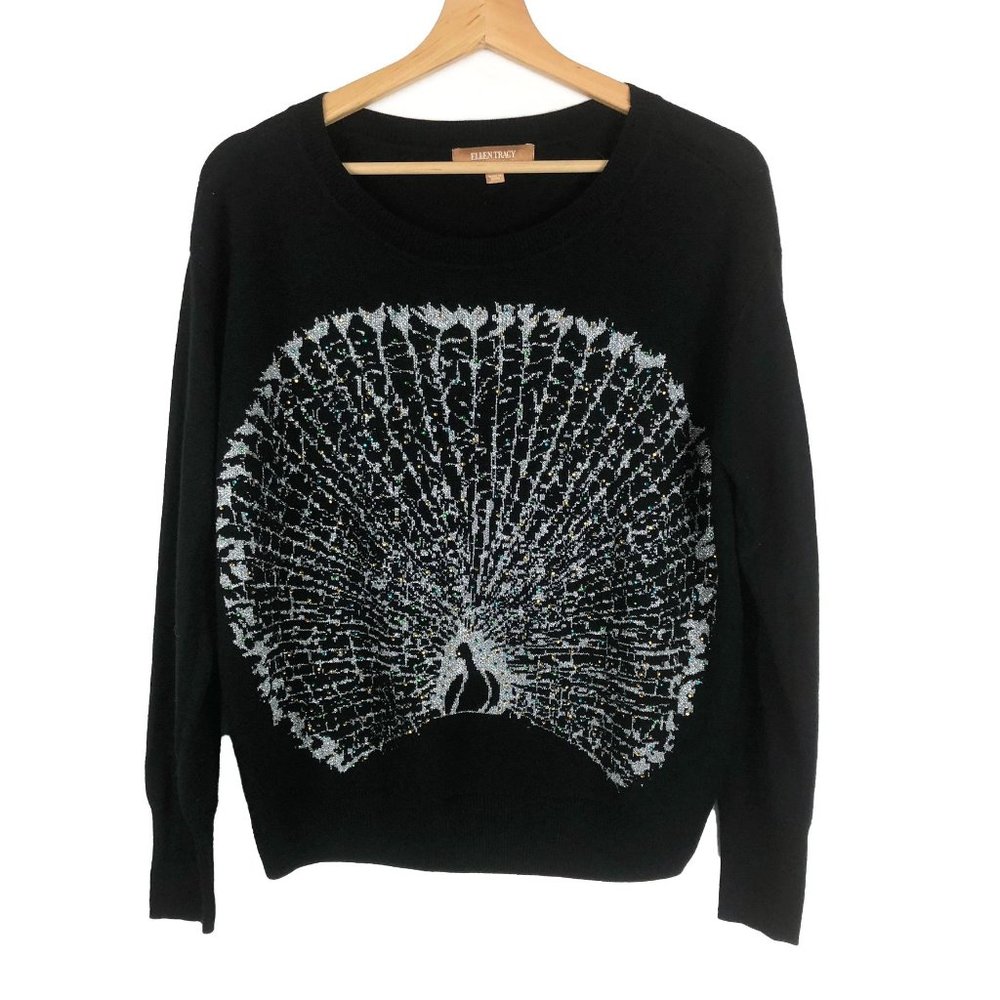 Ellen Tracy Black Sweater Gold Metallic Peacock Top M